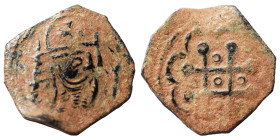 CRUSADERS. Antioch. Raymond-Roupen, 1216-1219. Ae (bronze, 0.61 g, 15 mm). Head of Raymond-Roupen in chain armour with pellet eye to right, wearing he...