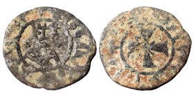 Uncertain. Lusignan Kingdom of Cyprus. Henry I (?), 1218-1253. Fractional Denier (bronze, 0.54 g, 16 mm). + ҺЄNRICVS Crowned bust facing. Rev + RЄX CV...