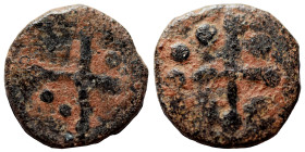 Uncertain Medieval coin (CRUSADERS?). Ae (bronze, 0.79 g, 12 mm). Cross, pellets. Rev. Cross within pelleted border. Nearly very fine.