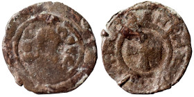 Uncertain. Ae (bronze, 0.31 g, 11 mm). Head right, legend around. Rev. Cross, legend around. Fine.