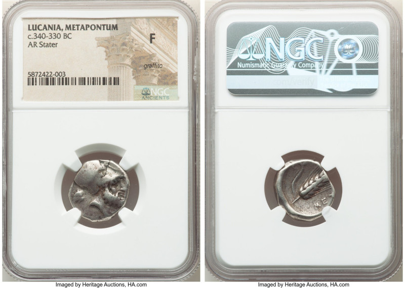 LUCANIA. Metapontum. Ca. 340-330 BC. AR stater (19mm, 2h). NGC Fine, graffito. A...
