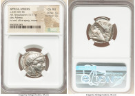 ATTICA. Athens. Ca. 440-404 BC. AR tetradrachm (24mm, 17.17 gm, 4h). NGC Choice AU 4/5 - 3/5. Mid-mass coinage issue. Head of Athena right, wearing ea...