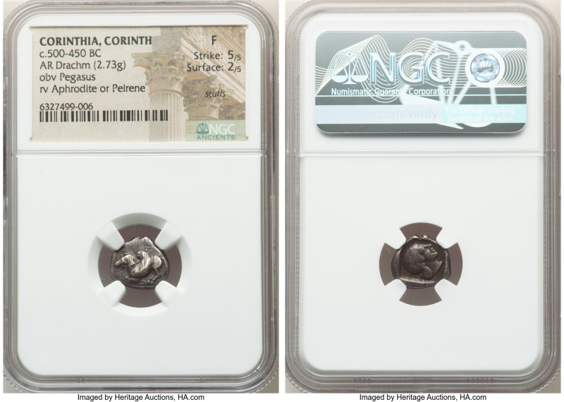 CORINTHIA. Corinth. Ca. 500-450 BC. AR drachm (12mm, 2.73 gm, 9h). NGC Fine 5/5 ...