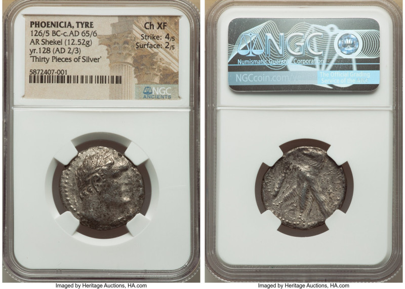 PHOENICIA. Tyre. Ca. 126/5 BC-AD 65/6. AR shekel (26mm, 12.52 gm, 1h). NGC Choic...