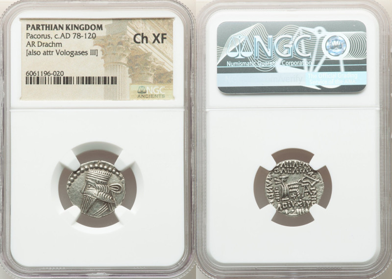 PARTHIAN KINGDOM. Pacorus I (ca. AD 78-120). AR drachm (18mm, 12h). NGC Choice X...