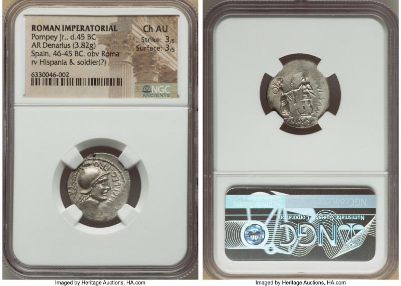 Cnaeus Pompeius Junior (46-45 BC). AR denarius (21mm, 3.82 gm, 6h). NGC Choice A...