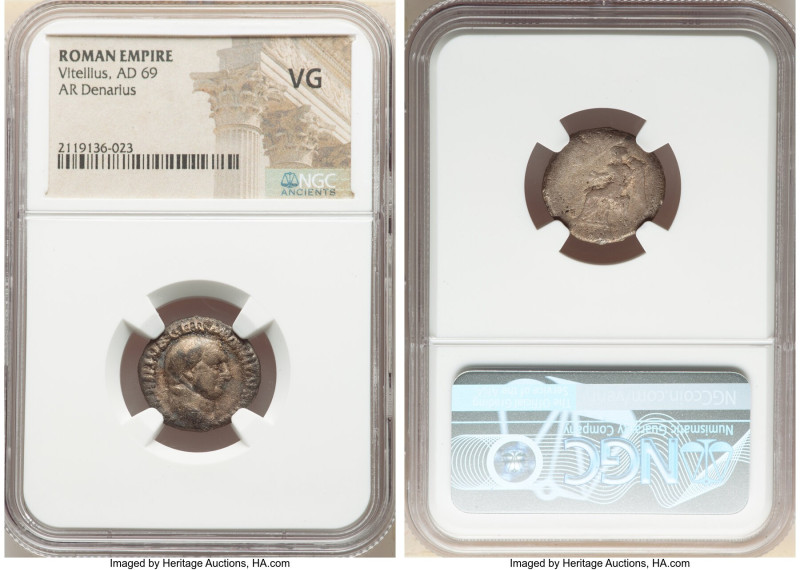 Vitellius (late April-20 December AD 69). AR denarius (18mm, 6h). NGC VG. Rome, ...