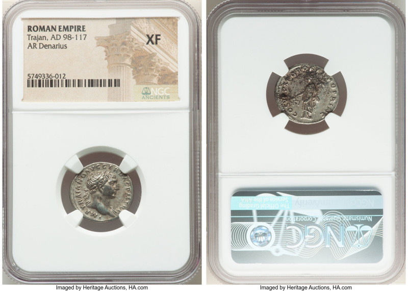 Trajan (AD 98-117). AR denarius (19mm, 6h). NGC XF. Rome, AD 103-111. IMP TRAIAN...