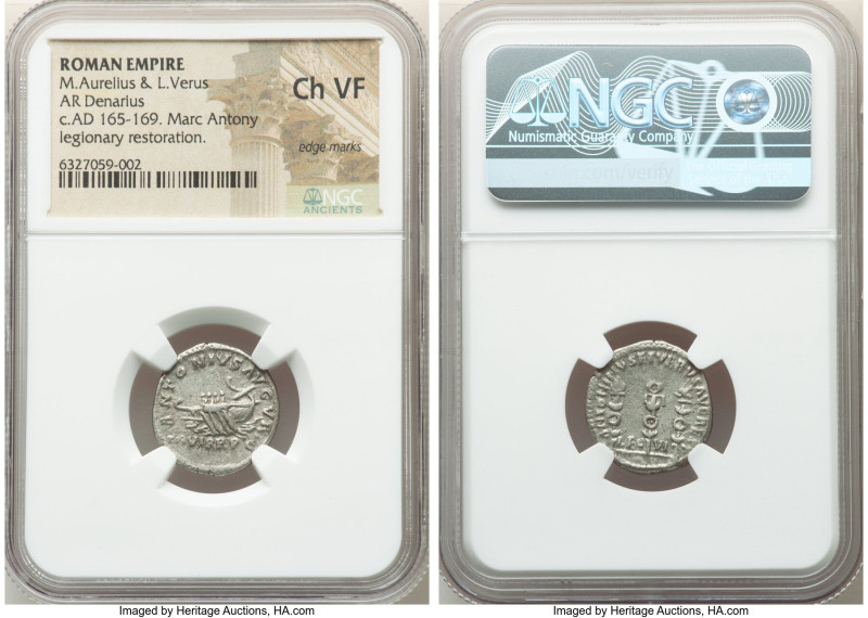 Marcus Aurelius (AD 161-180), and Lucius Verus. AR denarius (19mm, 12h). NGC Cho...