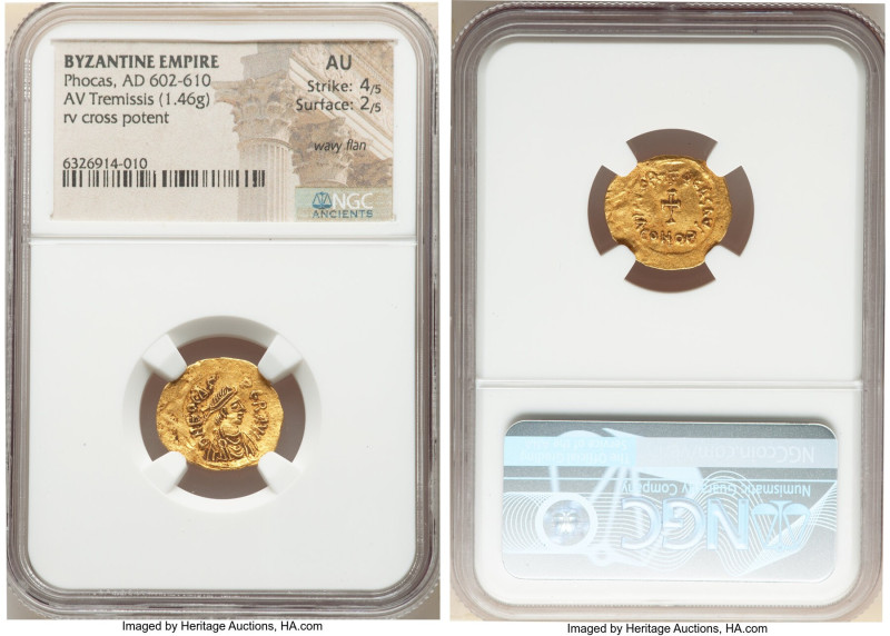 Phocas (AD 602-610). AV tremissis (17mm, 1.46 gm, 6h). NGC AU 4/5 - 2/5, wavy fl...