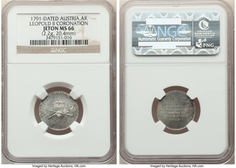 Leopold II silver "Coronation In Prague" Jeton 1791-Dated MS66 NGC, Prague mint,...