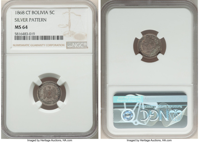 Republic silver Pattern 5 Centavos 1868-CT MS64 NGC, La Paz mint, KM-Pn15. Wire ...