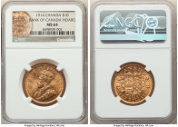 George V gold 10 Dollars 1914 MS64 NGC, Ottawa mint, KM27. Bank of Canada Hoard. A choice representative of this issue, richly colored with silky lust...
