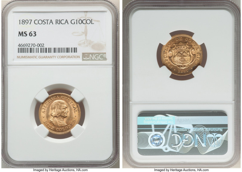 Republic gold 10 Colones 1897 MS63 NGC, San Jose mint, KM140. 

HID09801242017

...