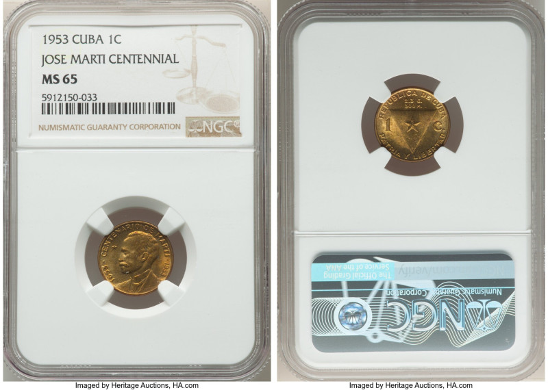 Republic "Jose Marti Centennial" Centavo 1953 MS65 NGC, Philadelphia mint, KM26....