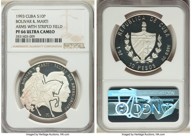 Republic silver Proof "Bolivar & Marti" 10 Pesos 1993 PR66 Ultra Cameo NGC, Hava...