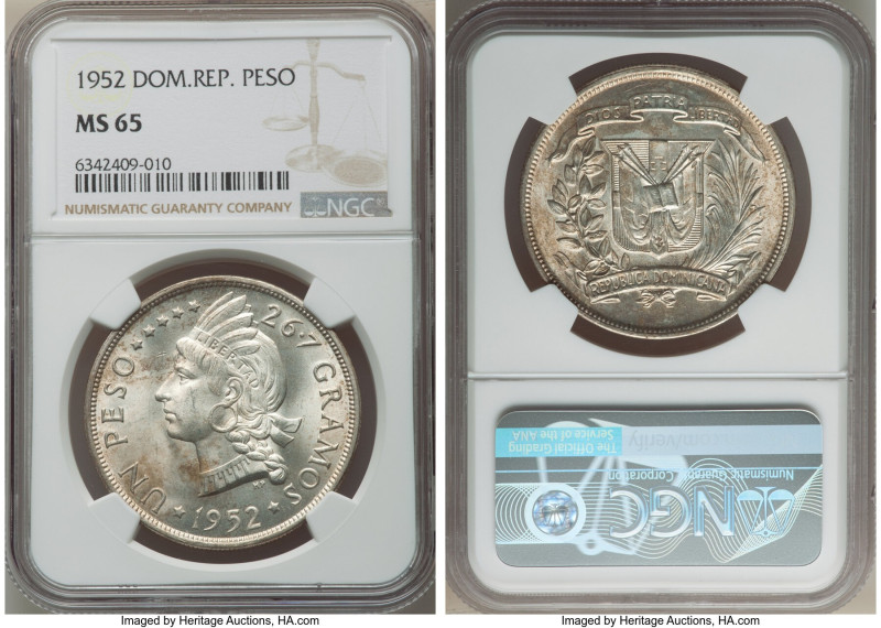 Republic Peso 1952 MS65 NGC, Philadelphia mint, KM22. Mintage: 20,000. Inconsist...