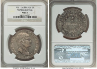 Napoleon 5 Francs L'An 12 (1803/1804)-M AU53 NGC, Toulouse mint, KM659.10. Napoleon as First Consul. Mildly reflective with gray, cobalt, yellow and r...