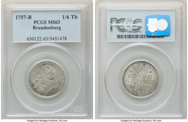 Brandenburg-Bayreuth. Friedrich 1/6 Taler 1757-B MS63 PCGS, Bayreuth mint, KM213...