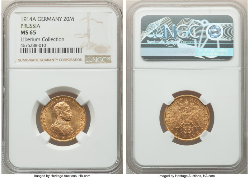 Prussia. Wilhelm II gold 20 Mark 1914-A MS65 NGC, Berlin mint, KM537, J-253. AGW...