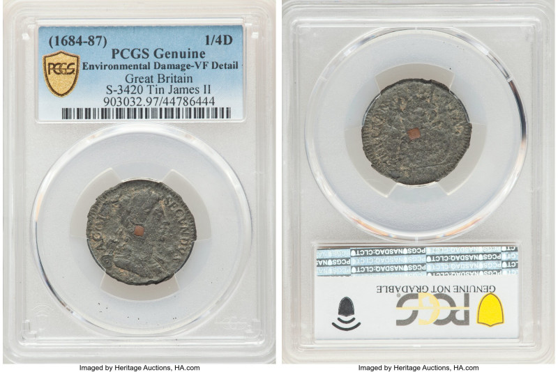 James II tin Farthing ND (1684-1687) VF Details (Environmental Damage) PCGS, KM4...