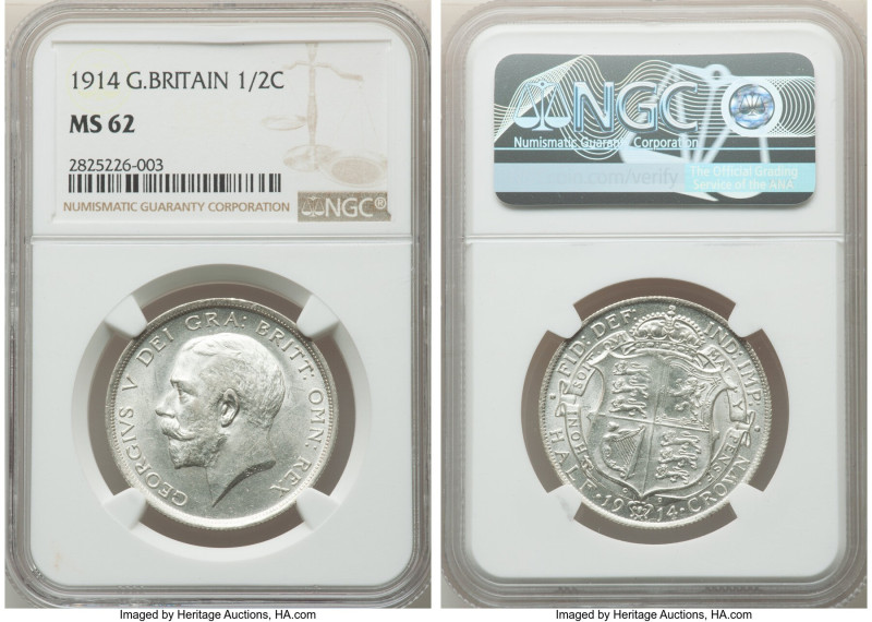 George V 1/2 Crown 1914 MS62 NGC, KM818.1, S-4011. Lustrous frosted and untoned ...