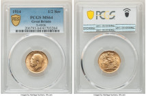 George V gold 1/2 Sovereign 1914 MS64 PCGS, KM819, S-4006. Cartwheel luster, mellow golden color and nearly gem. AGW 0.1177 oz. 

HID09801242017

© 20...