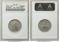 Elizabeth II Mint Error - Overstruck 1992 10 Pence MS62 ANACS, cf. KM938b. Struck on a 1953 Shilling (cf. KM890). A neat overstrike. 

HID09801242017
...