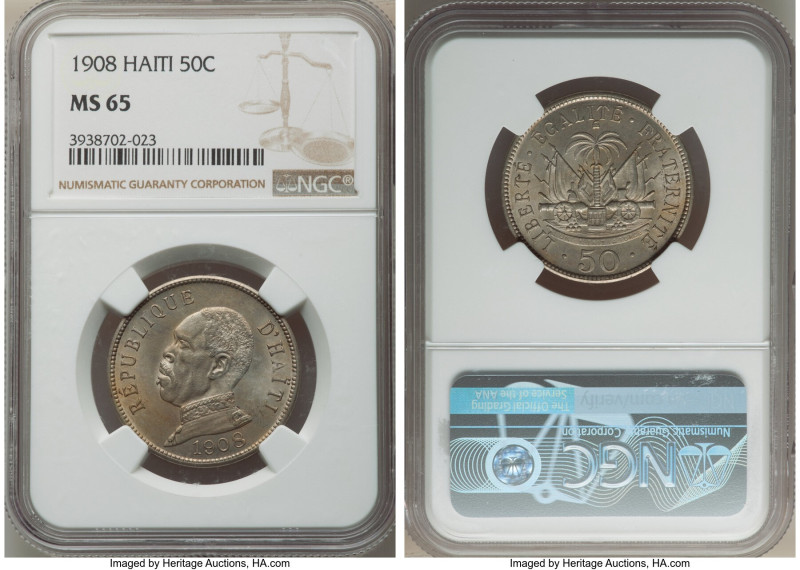 Republic 50 Centimes 1908-(w) MS65 NGC, Waterbury mint, KM56. Two year type. 

H...