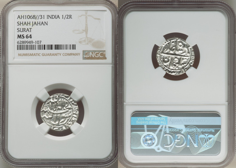 Mughal Empire. Shah Jahan 1/2 Rupee AH 1068 Year 31 (1657/1658) MS64 NGC, Surat ...