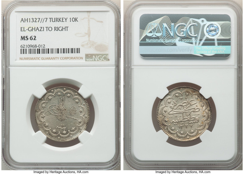 Ottoman Empire. Mehmed V 10 Kurush AH 1327 Year 7 (1915/1916) MS62 NGC, Constant...