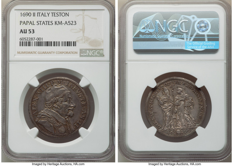 Papal States. Alexander VIII Testone Anno II (1690) AU53 NGC, Rome mint, KM-A523...