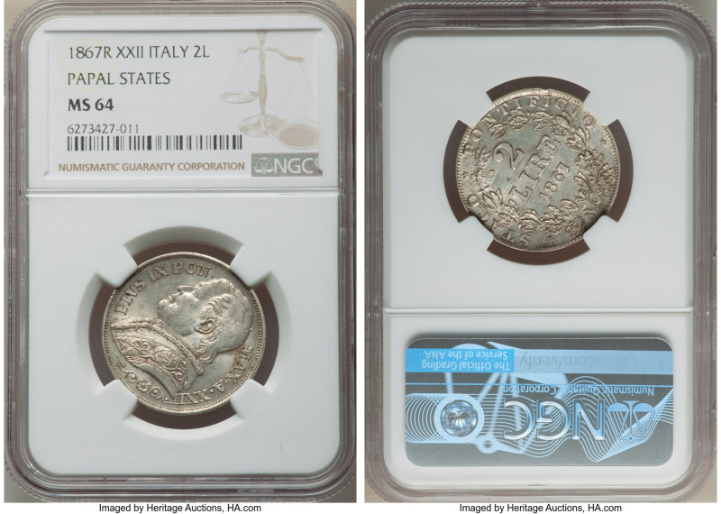 Papal States. Pius IX 2 Lire Anno XXII (1867)-R MS64 NGC, Rome mint, KM1379.2. L...