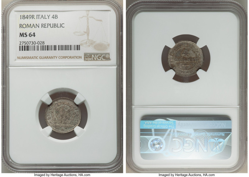 Roman Republic 4 Baiocchi 1849-R MS64 NGC, Rome mint, KM24. Reflective fields cl...