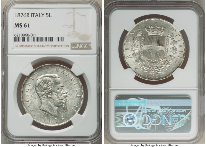 Vittorio Emanuele II 5 Lire 1876-R MS61 NGC, Rome mint, KM8.4. 

HID09801242017
...