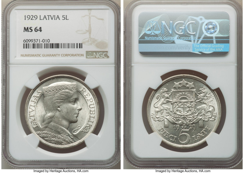 Republic 5 Lati 1929 MS64 NGC, London mint, KM9. First year of three year type, ...