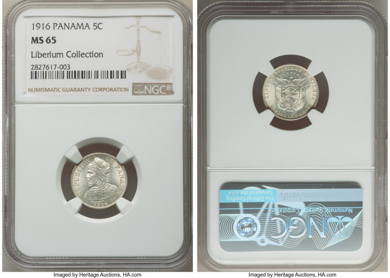 Republic 5 Centesimos 1916 MS65 NGC, Philadelphia mint, KM2. Exceptional conditi...