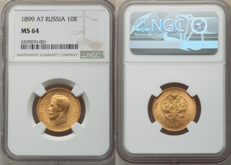 Nicholas II gold 10 Roubles 1899-AГ MS64 NGC, St. Petersburg mint, KM-Y64. 

HID...