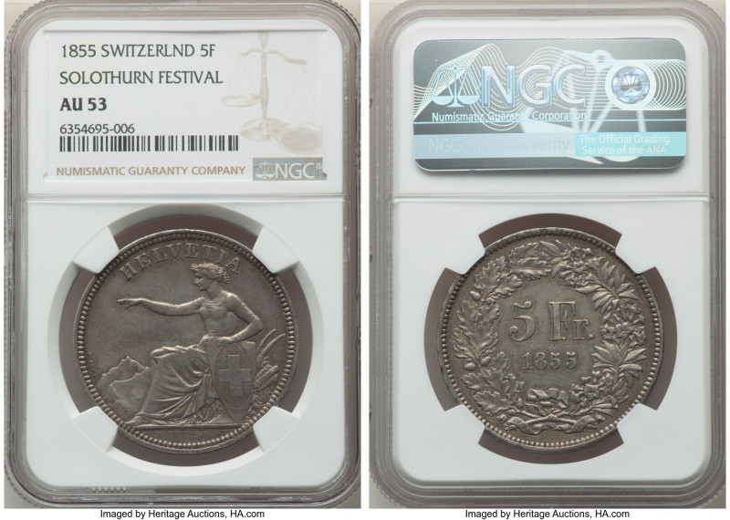 Confederation "Solothurn Shooting Festival" 5 Francs 1855 AU53 NGC, Bern mint, K...