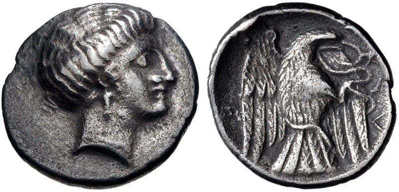 Euboia, Chalkis, 338 - 308 BC
Silver Drachm, 17mm, 3.51 grams
Obverse: Head of...