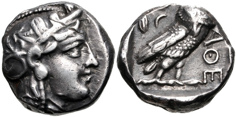Attica, Athens, 353 - 294 BC
Silver Tetradrachm, 22mm, 17.12 grams
Obverse: He...