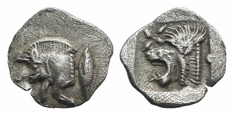 Mysia, Kyzikos, 450 - 400 BC
Silver Hemiobol, 9mm, .38 grams
Obverse: Forepart...