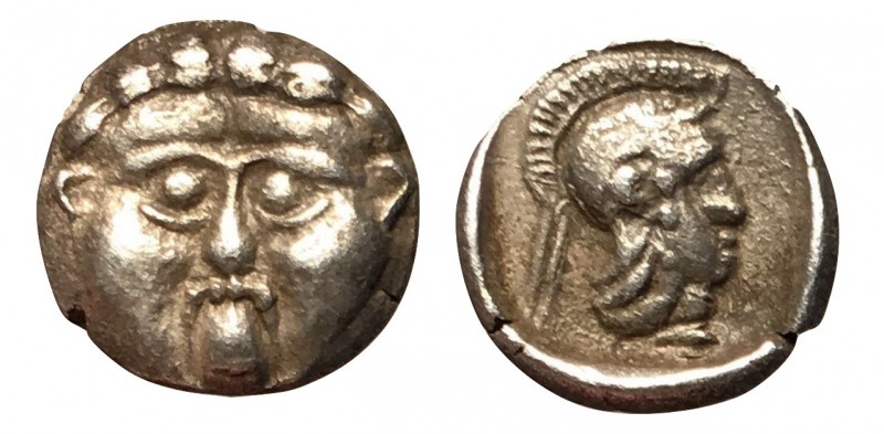 Pisidia, Selge, 350 - 300 BC
Silver Obol, 10mm, .92 grams
Obverse: Gorgoneion....