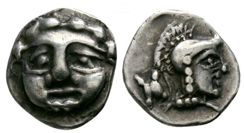 Pisidia, Selge, 350 - 300 BC
Silver Obol, 11mm, .92 grams
Obverse: Gorgoneion....