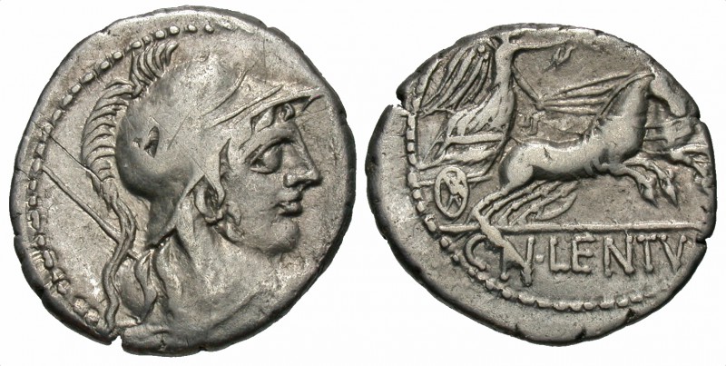 Cn Lentulus Clodianus, 88 BC
Silver Denarius, Rome Mint, 19mm, 3.87 grams
Obve...