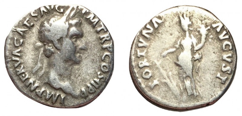 Nerva, 96 - 98 AD
Silver Denarius, Rome Mint, 18mm, 3.29 grams
Obverse: IMP NE...