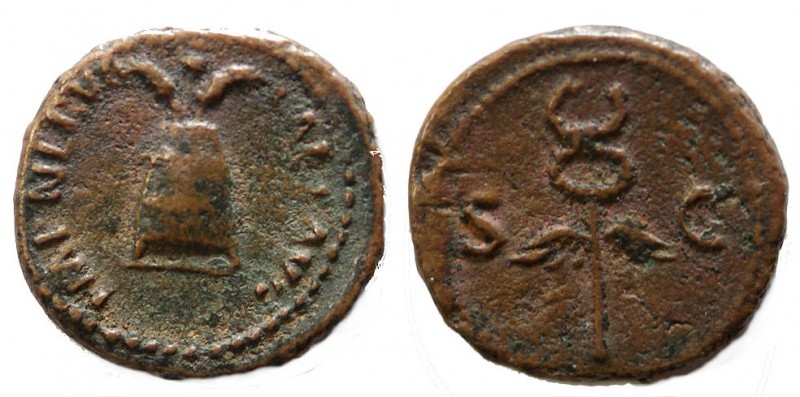 Nerva, 96 - 98 AD
AE Quadrans, Rome Mint, 16mm, 2.4 grams
Obverse: IMP NERVA C...