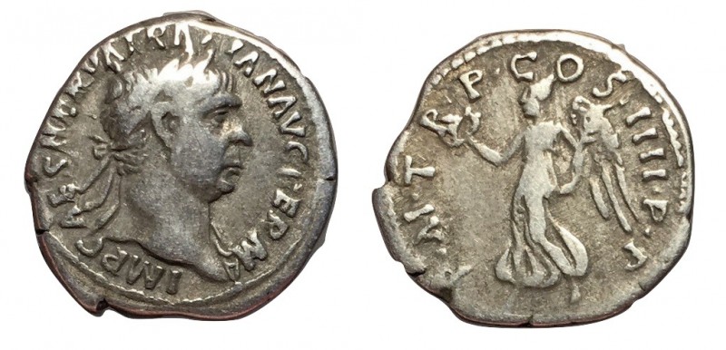 Trajan, 98 - 117 AD
Silver Denarius, Rome Mint, 19mm, 3.17 grams
Obverse: IMP ...