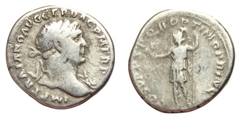 Trajan, 98 - 117 AD
Silver Denarius, Rome Mint, 19mm, 3.27 grams
Obverse: IMP ...