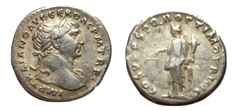 Trajan, 98 - 117 AD
Silver Denarius, Rome Mint, 19mm, 2.99 grams
Obverse: IMP ...